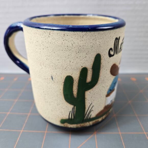 Signed Sandstone Texture Pottery Coffee Tea Mug Mexico Sombrero Cactus Blue Rim - Picture 6 of 13